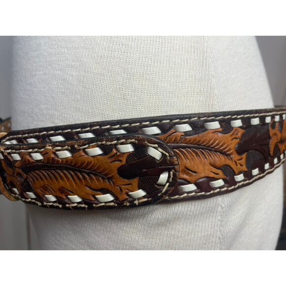 Vintage 80s RAINTREE Tooled Leather Western Belt Mens (38) Acorn Turquoise USA - Picture 7 of 8